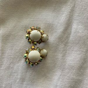 Vintage clip on large faux pearl and iridescent rhinestone earrings